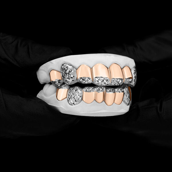 Yellow and White Gold Tipped Diamond Dust Cuts Grillz