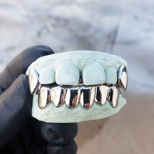 White Gold Solid Polished K9 Fangs and Bottom Solid Grillz - GotGrillz