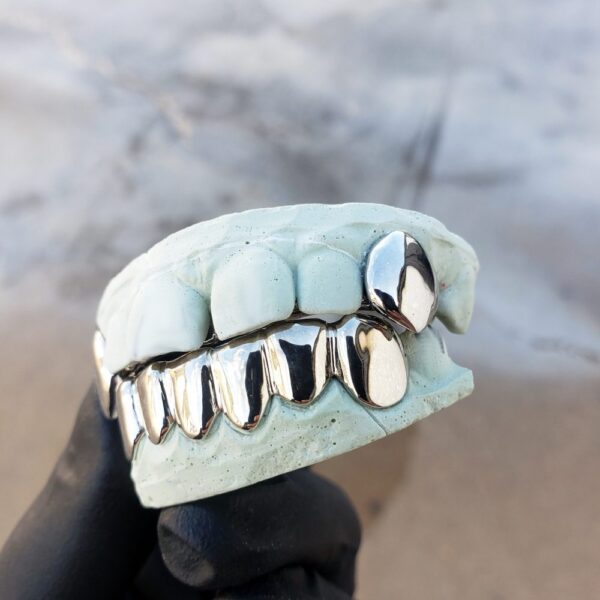 White Gold Solid Polished K9 Fangs and Bottom Solid Grillz - GotGrillz