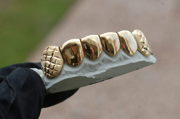 Yellow Gold Solid and Diamond Dust Cuts K9 Grillz