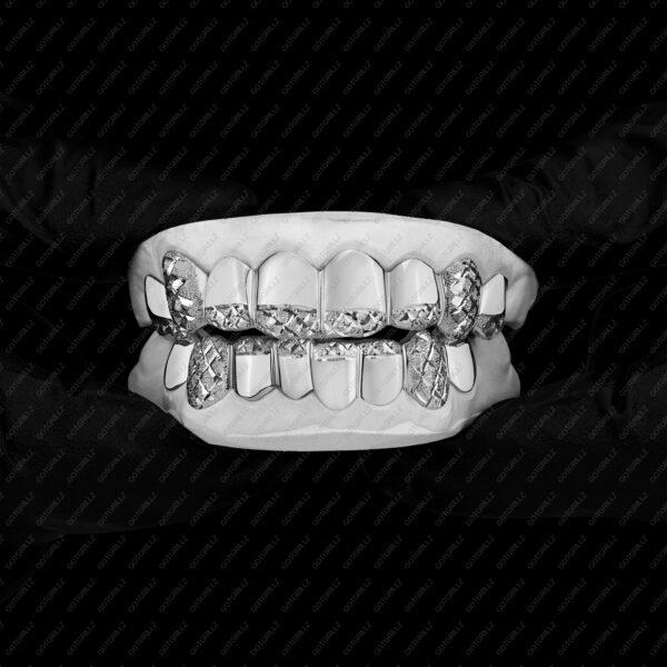 White Gold Diamond Dust Cut Tip and Full K9 Top and Bottom Grillz - GotGrillz