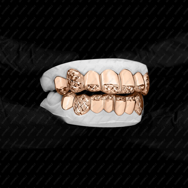 Rose Gold Diamond Dust Cut Tip and Full K9 Top and Bottom Grillz - GotGrillz