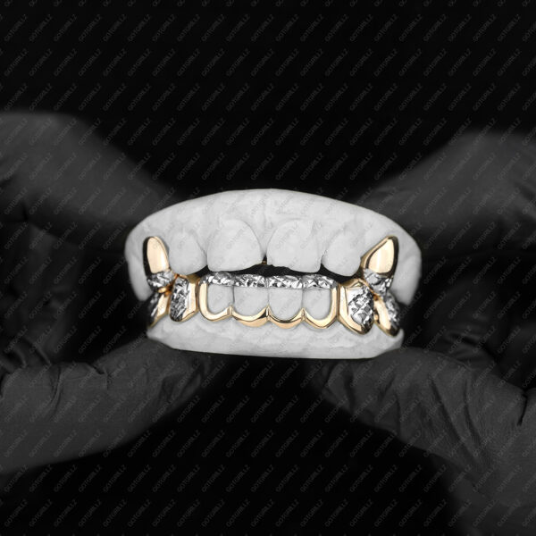 Yellow and White Gold Diamond Cut Tip K9 and Bottom Diamond Cut Open Face Grillz - GotGrillz