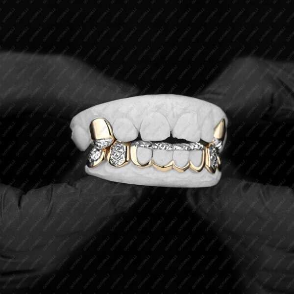 Yellow and White Gold Diamond Cut Tip K9 and Bottom Diamond Cut Open Face Grillz - GotGrillz