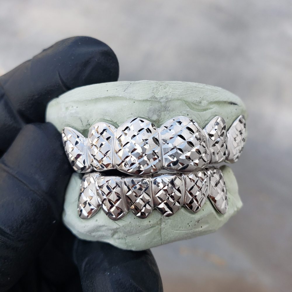 White Gold Satin Finish with Polished Diamond Cut Grillz | Buy Grillz