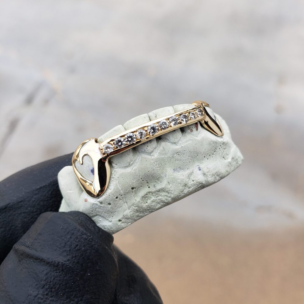 Yellow Gold K9 Hearts Center Diamond Bar Bottom Grillz- GotGrillz