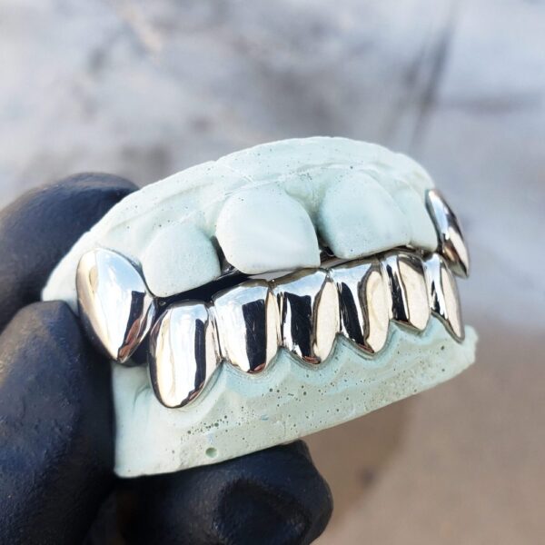 White Gold Solid polished K9 Fangs and Bottom Solid Grillz | GotGrillz