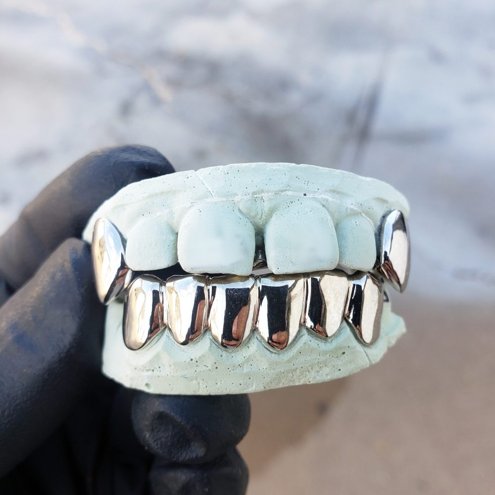 White Gold Solid polished K9 Fangs and Bottom Solid Grillz | GotGrillz