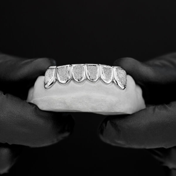 White Gold Diamond Dust K9 and Punchout Bottom Grillz | Custom Grillz