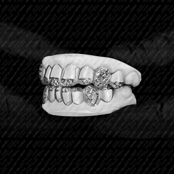 White Gold Diamond Dust Cut Tip and Full K9 Top & Bottom Grillz